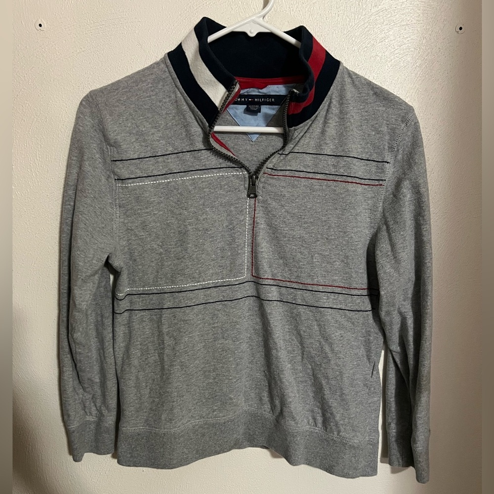 TOMMY HILFIGER Classic Embroidered Logo Casual Quarter Zip Grey Boy's Size M